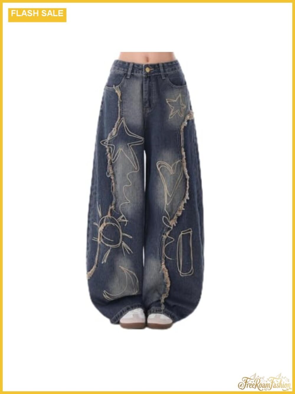 Embroidered Star Sun Baggy Jeans Y2k Barrel Low Rise Denim Pants